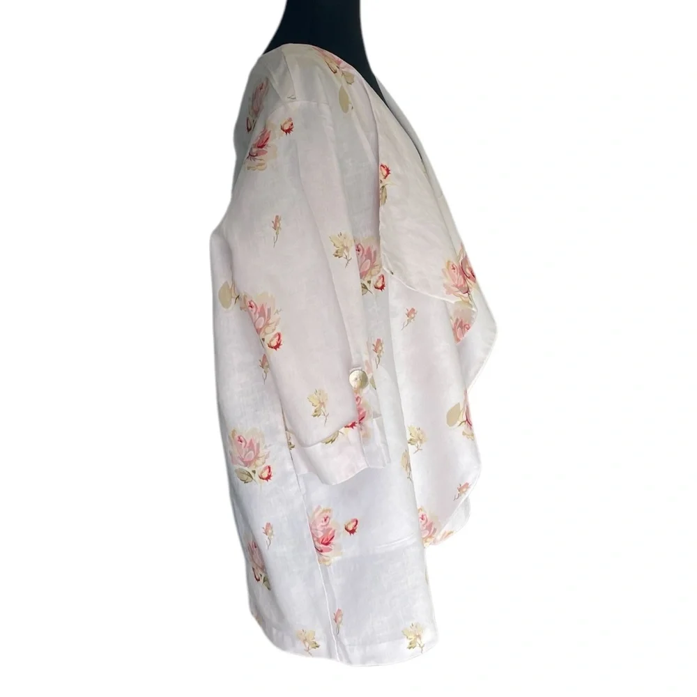 FOR CYNTHIA WOMEN'S FLORAL LINEN‎ / OPEN FRONT DRAPED DUSTER TOPPER COAT, MEDIUM - Picture 4 of 11